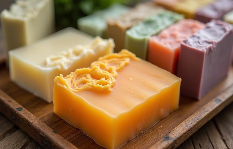 An artistic arrangement of colourful, cured handmade soap bars presented on a rustic wooden tray.