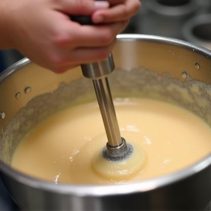 Hands carefully mixing ingredients in a large stainless steel bowl with a stick blender during the soap making process.