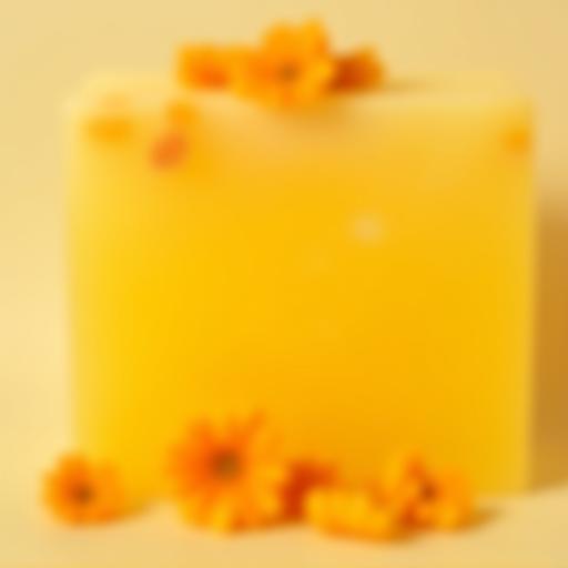 A light yellow soap bar, visibly soft, with dried calendula petals embedded.