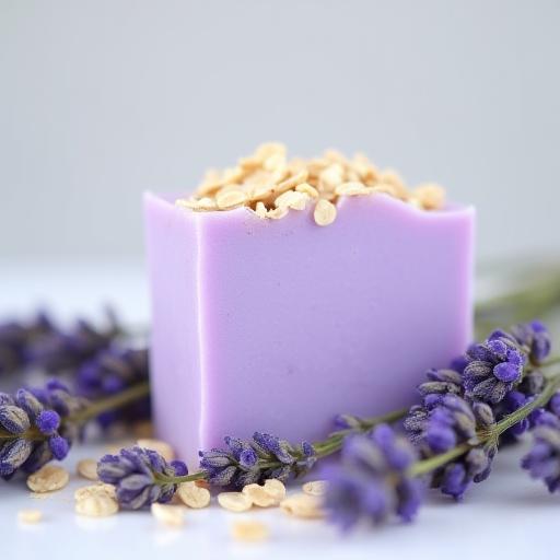 A bar of light purple soap with visible oat specks, resting on dried lavender sprigs.